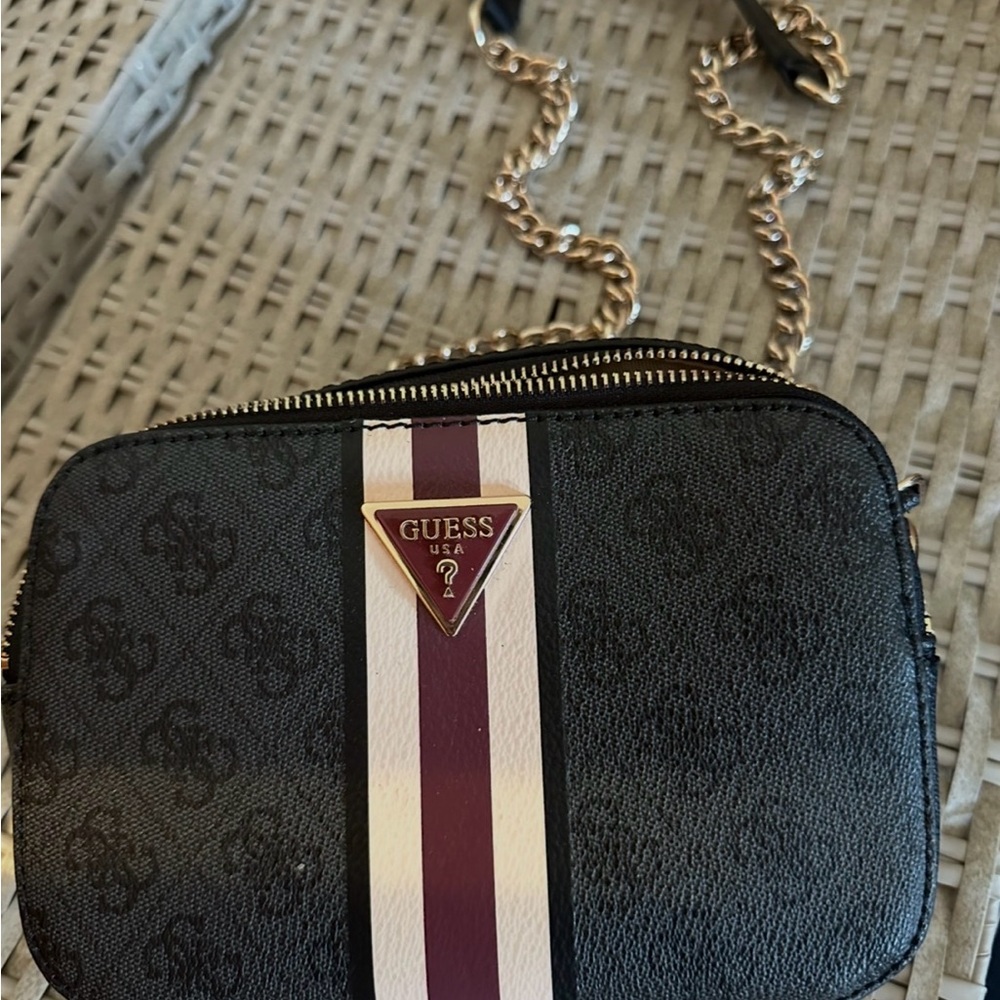 Guess Black Bag with Burgundy and White Stripe